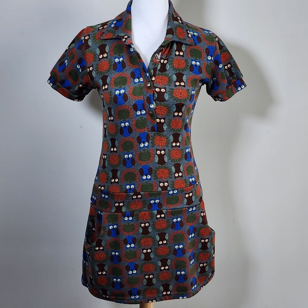 Owl Print Mini Dress Womens Small Multicolor Retro Mod Kitsch Pockets Earthy